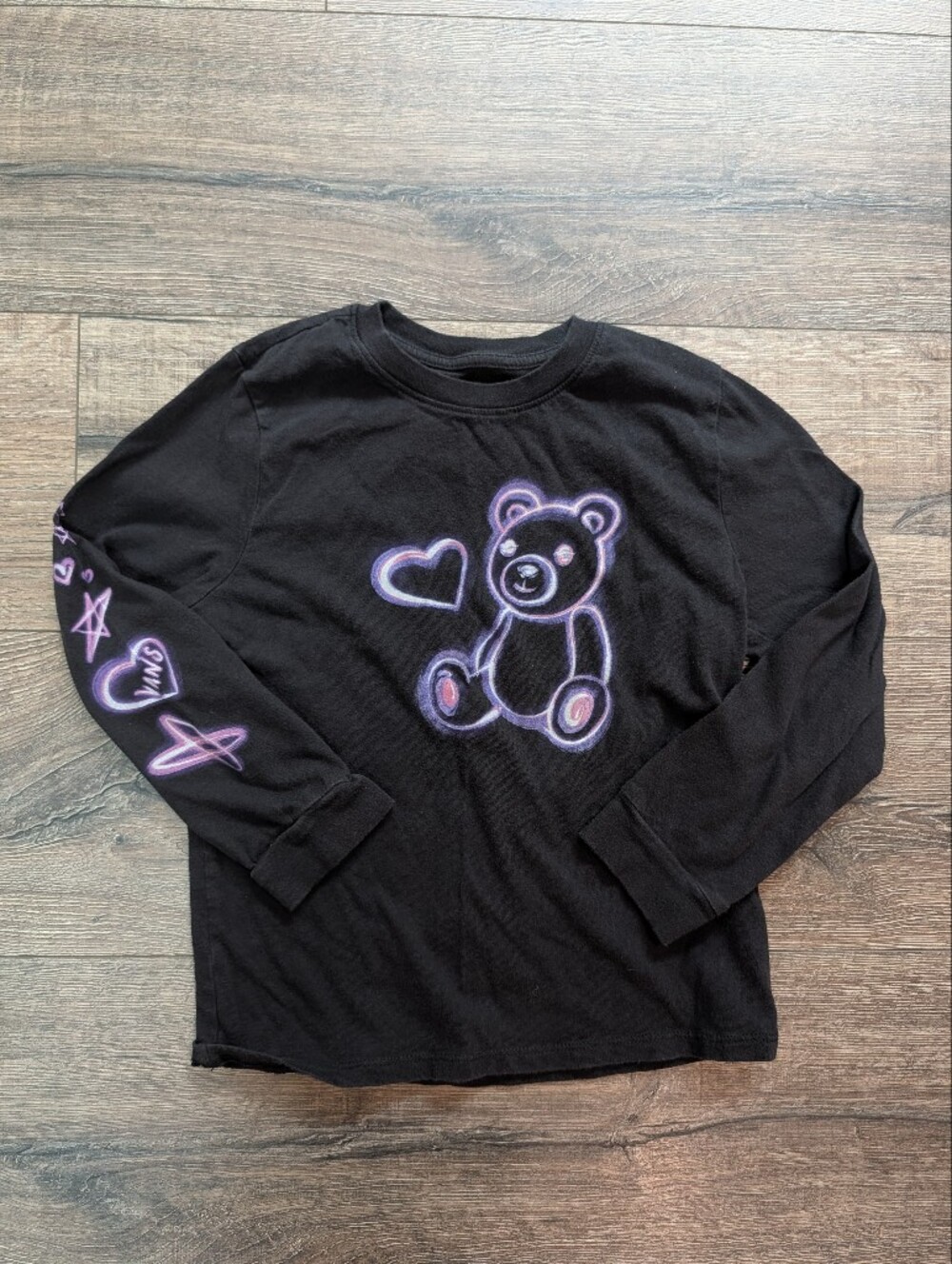 Vans Size 6x Black Long Sleeve Teddy Bear Neon Light T-shirt Top 100% Cotton